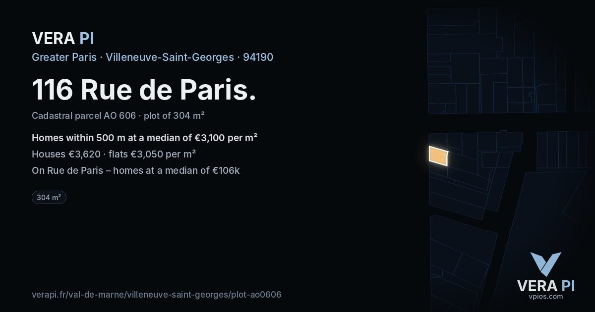 116 Rue de Paris, Villeneuve-Saint-Georges at night – the plot lit, the parcels around coloured by the prices near them