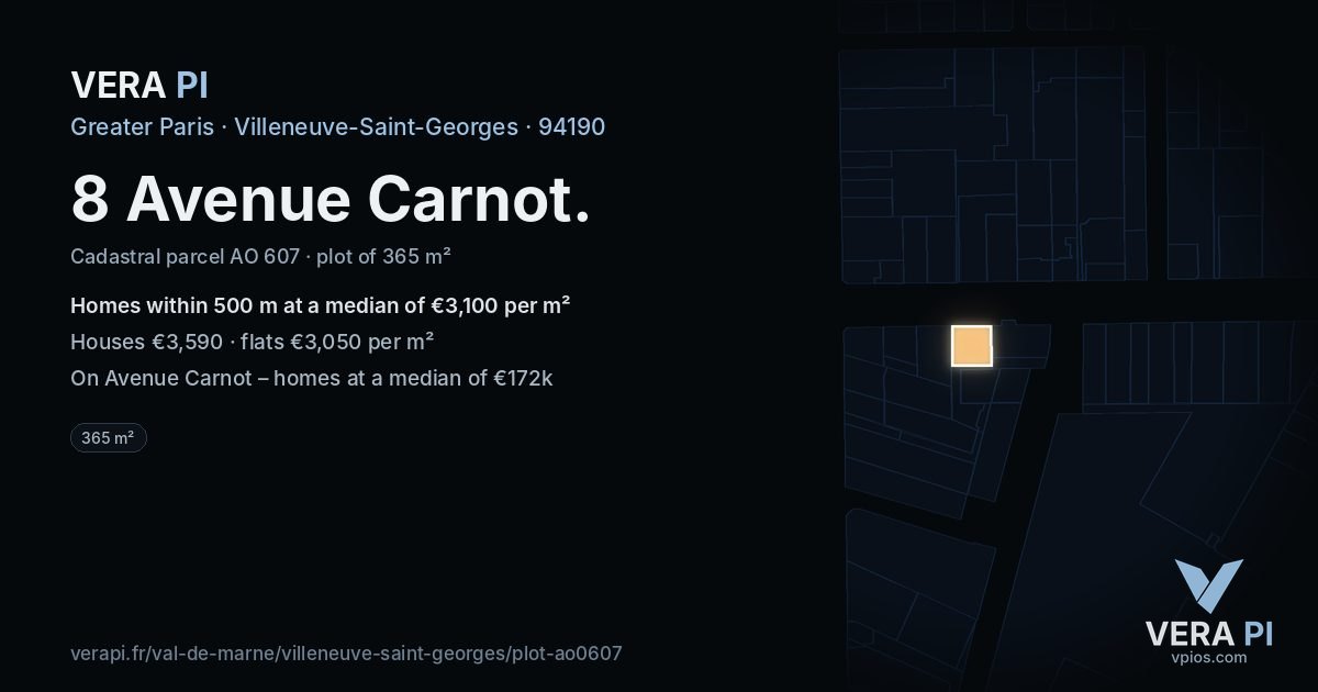 8 Avenue Carnot, Villeneuve-Saint-Georges at night – the plot lit, the parcels around coloured by the prices near them