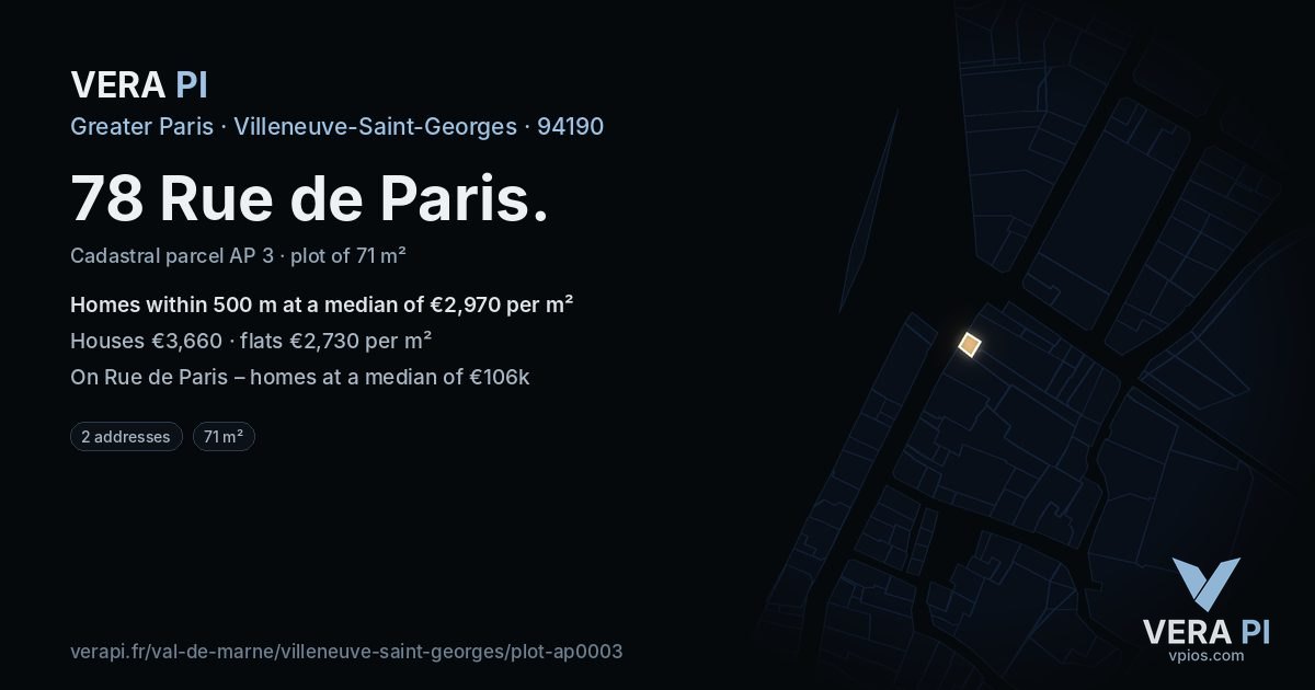 78 Rue de Paris, Villeneuve-Saint-Georges at night – the plot lit, the parcels around coloured by the prices near them