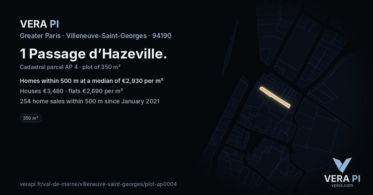 1 Passage d’Hazeville, Villeneuve-Saint-Georges at night – the plot lit, the parcels around coloured by the prices near them