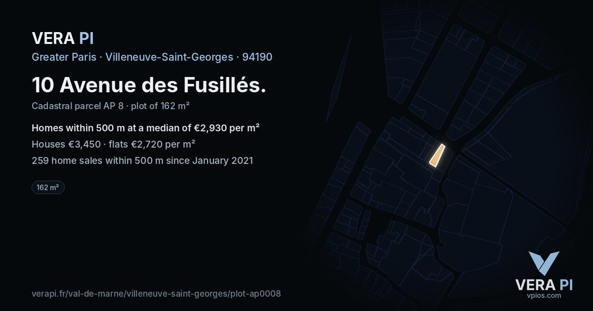 10 Avenue des Fusillés, Villeneuve-Saint-Georges at night – the plot lit, the parcels around coloured by the prices near them