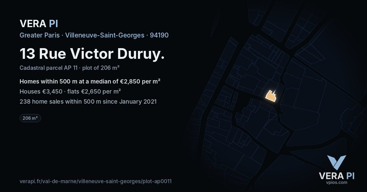 13 Rue Victor Duruy, Villeneuve-Saint-Georges at night – the plot lit, the parcels around coloured by the prices near them