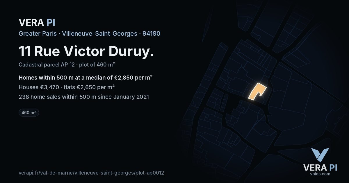 11 Rue Victor Duruy, Villeneuve-Saint-Georges at night – the plot lit, the parcels around coloured by the prices near them
