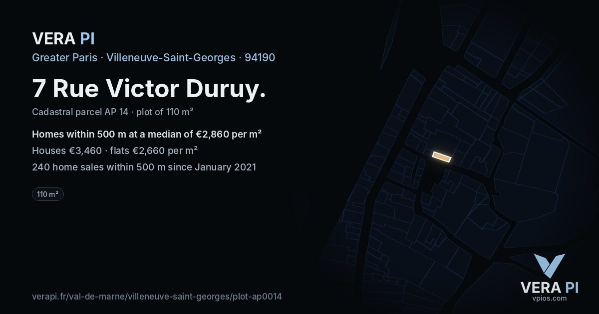 7 Rue Victor Duruy, Villeneuve-Saint-Georges at night – the plot lit, the parcels around coloured by the prices near them