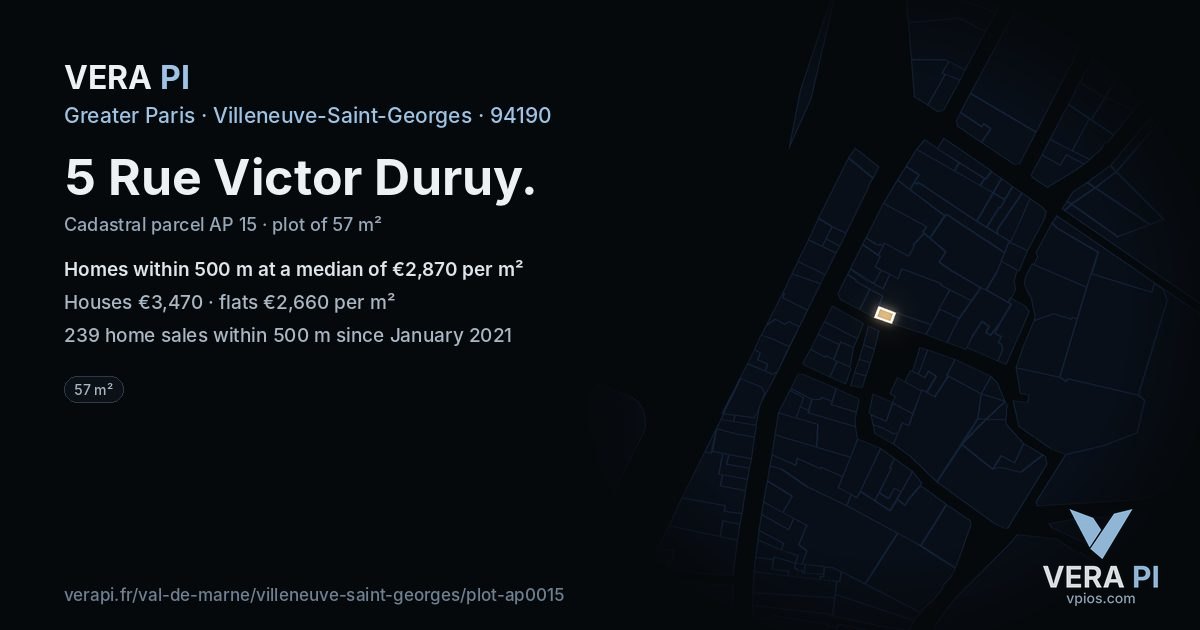 5 Rue Victor Duruy, Villeneuve-Saint-Georges at night – the plot lit, the parcels around coloured by the prices near them