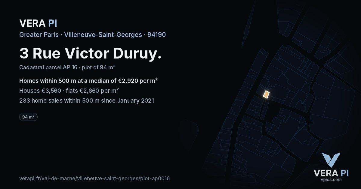 3 Rue Victor Duruy, Villeneuve-Saint-Georges at night – the plot lit, the parcels around coloured by the prices near them