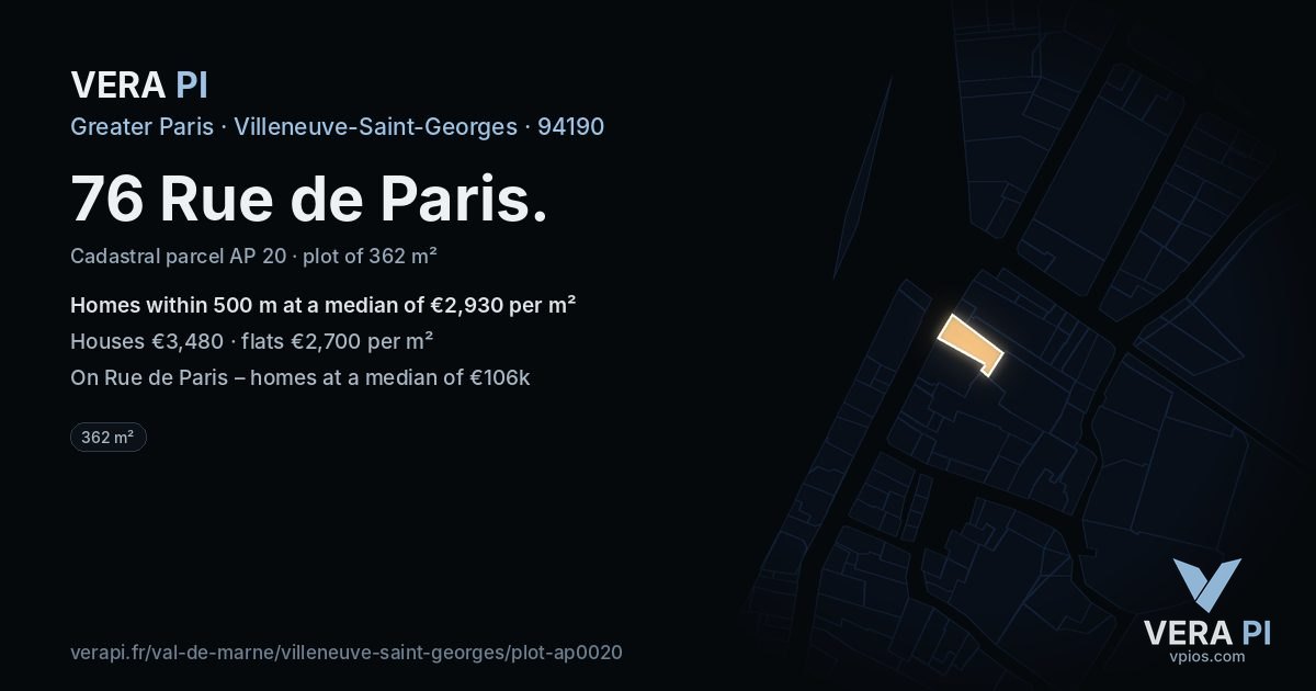 76 Rue de Paris, Villeneuve-Saint-Georges at night – the plot lit, the parcels around coloured by the prices near them