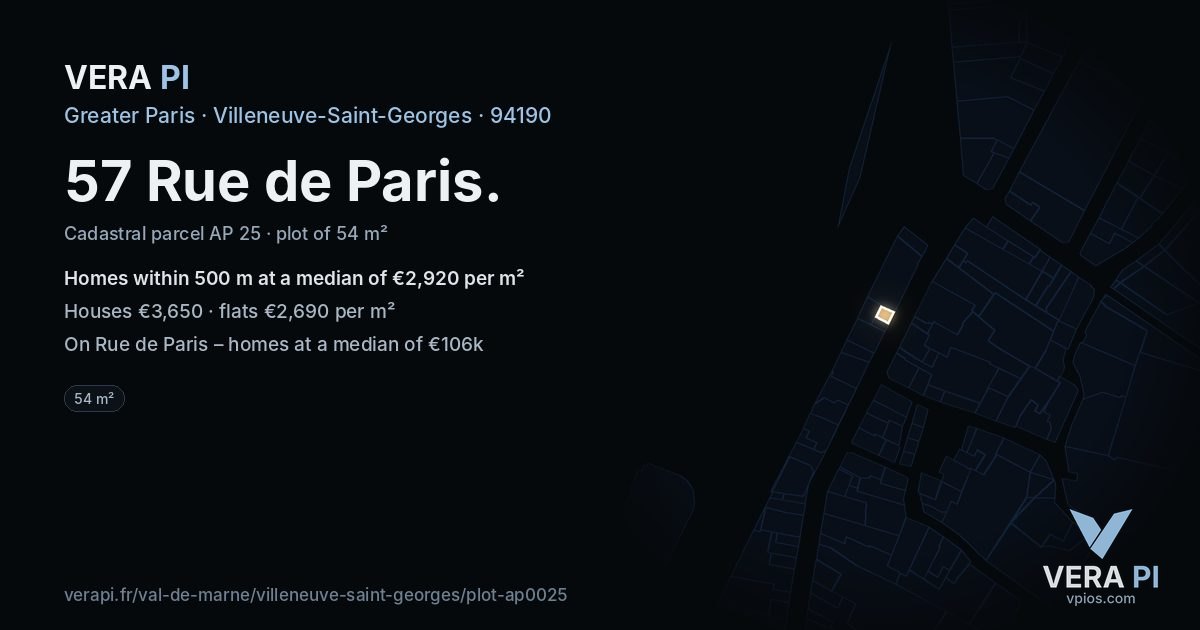 57 Rue de Paris, Villeneuve-Saint-Georges at night – the plot lit, the parcels around coloured by the prices near them