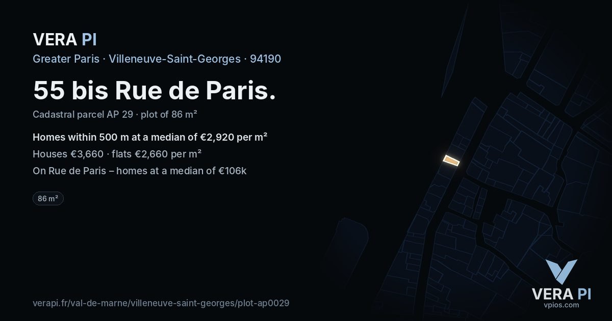 55 bis Rue de Paris, Villeneuve-Saint-Georges at night – the plot lit, the parcels around coloured by the prices near them