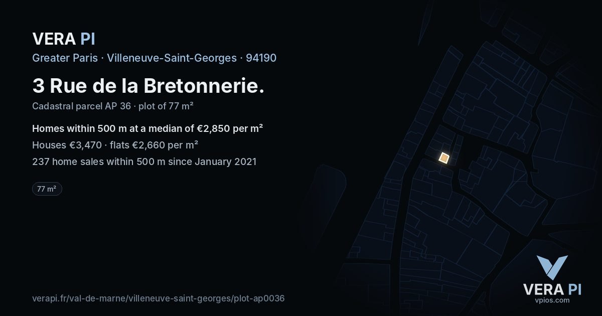 3 Rue de la Bretonnerie, Villeneuve-Saint-Georges at night – the plot lit, the parcels around coloured by the prices near them