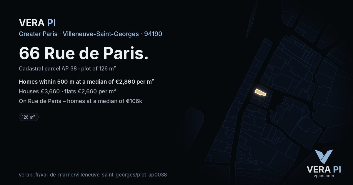 66 Rue de Paris, Villeneuve-Saint-Georges at night – the plot lit, the parcels around coloured by the prices near them