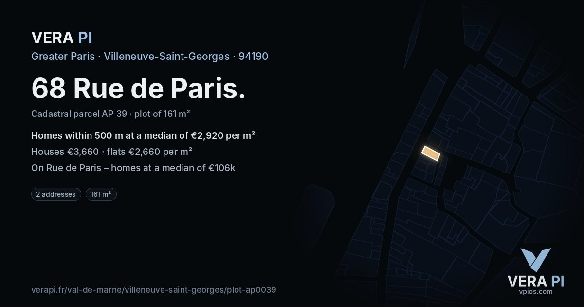 68 Rue de Paris, Villeneuve-Saint-Georges at night – the plot lit, the parcels around coloured by the prices near them