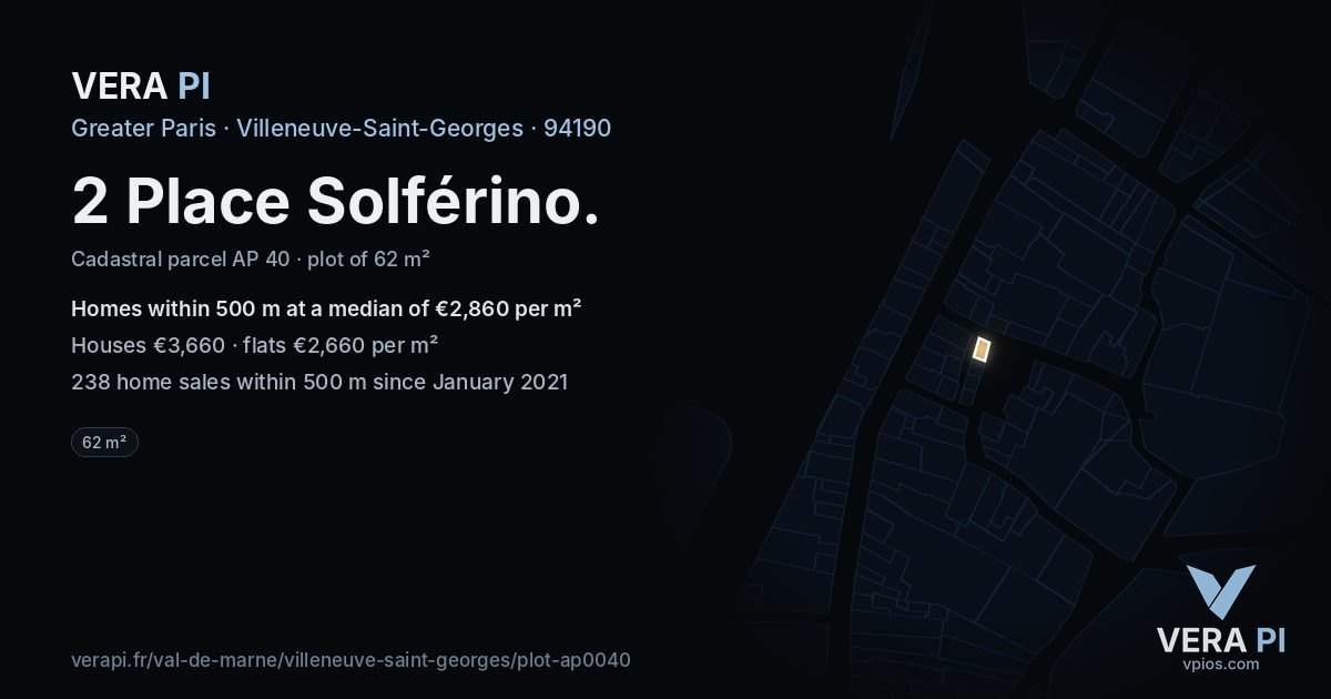2 Place Solférino, Villeneuve-Saint-Georges at night – the plot lit, the parcels around coloured by the prices near them