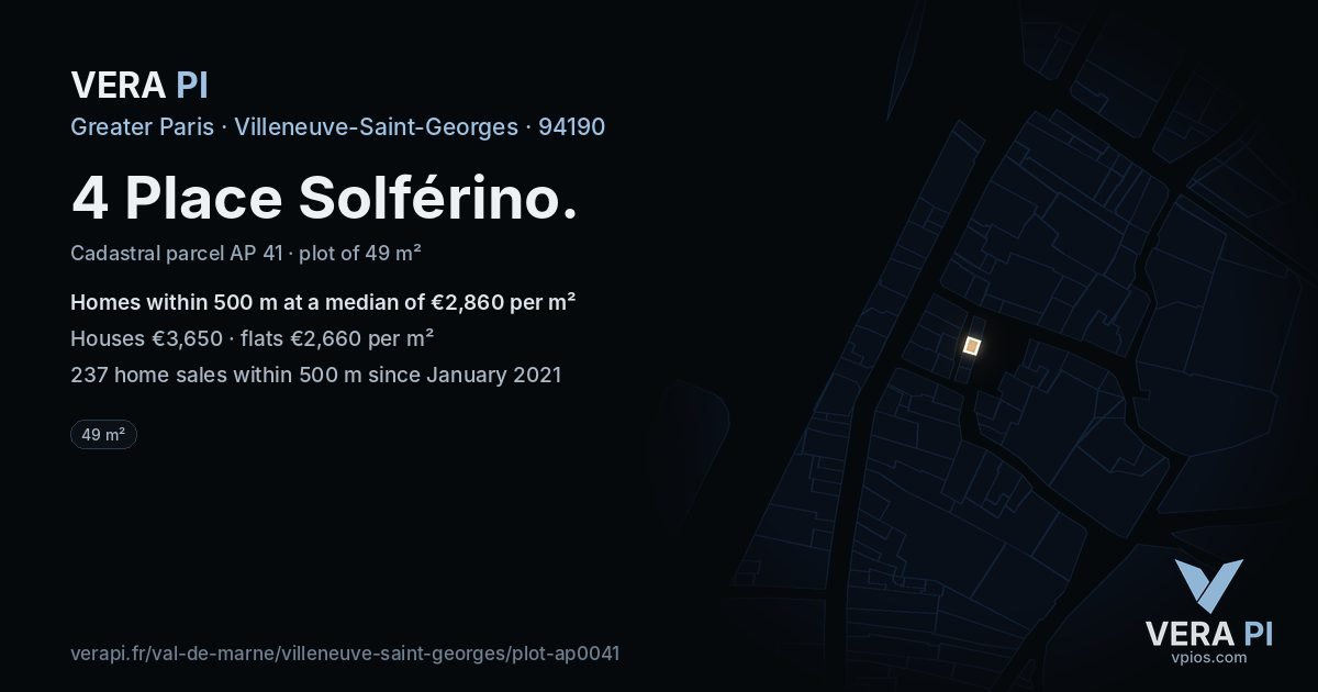 4 Place Solférino, Villeneuve-Saint-Georges at night – the plot lit, the parcels around coloured by the prices near them