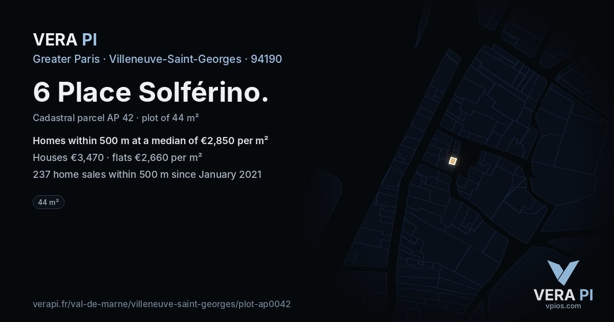 6 Place Solférino, Villeneuve-Saint-Georges at night – the plot lit, the parcels around coloured by the prices near them