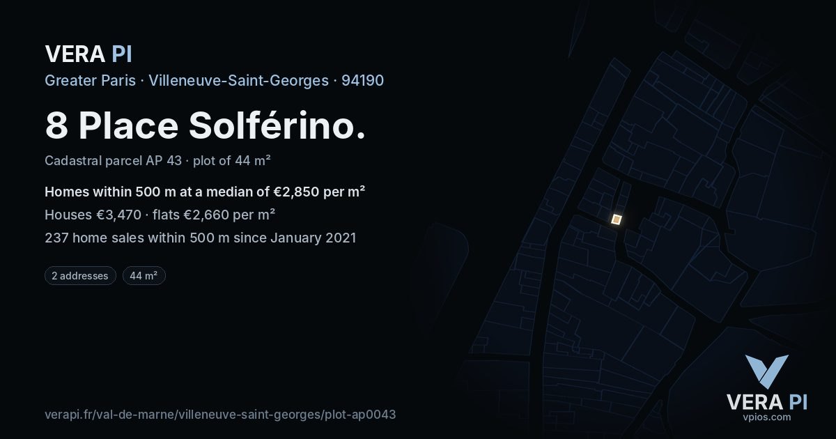 8 Place Solférino, Villeneuve-Saint-Georges at night – the plot lit, the parcels around coloured by the prices near them
