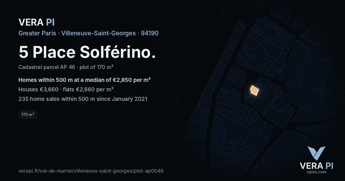 5 Place Solférino, Villeneuve-Saint-Georges at night – the plot lit, the parcels around coloured by the prices near them