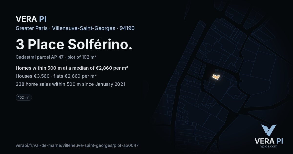 3 Place Solférino, Villeneuve-Saint-Georges at night – the plot lit, the parcels around coloured by the prices near them