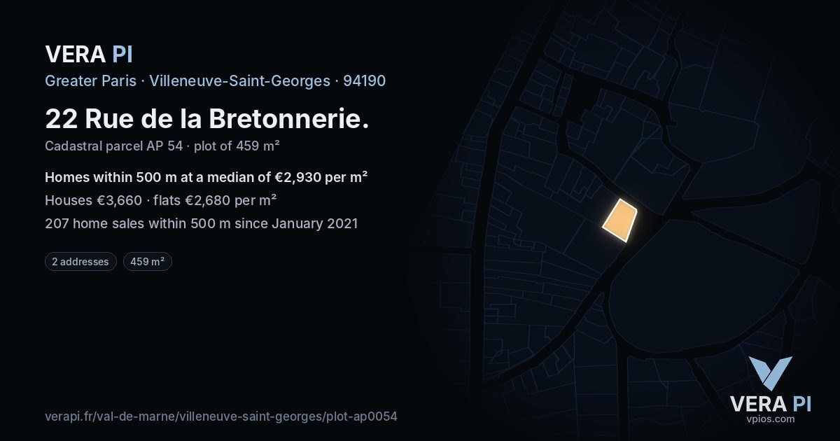 22 Rue de la Bretonnerie, Villeneuve-Saint-Georges at night – the plot lit, the parcels around coloured by the prices near them