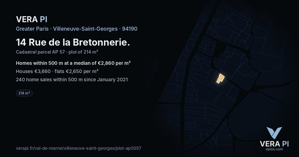 14 Rue de la Bretonnerie, Villeneuve-Saint-Georges at night – the plot lit, the parcels around coloured by the prices near them