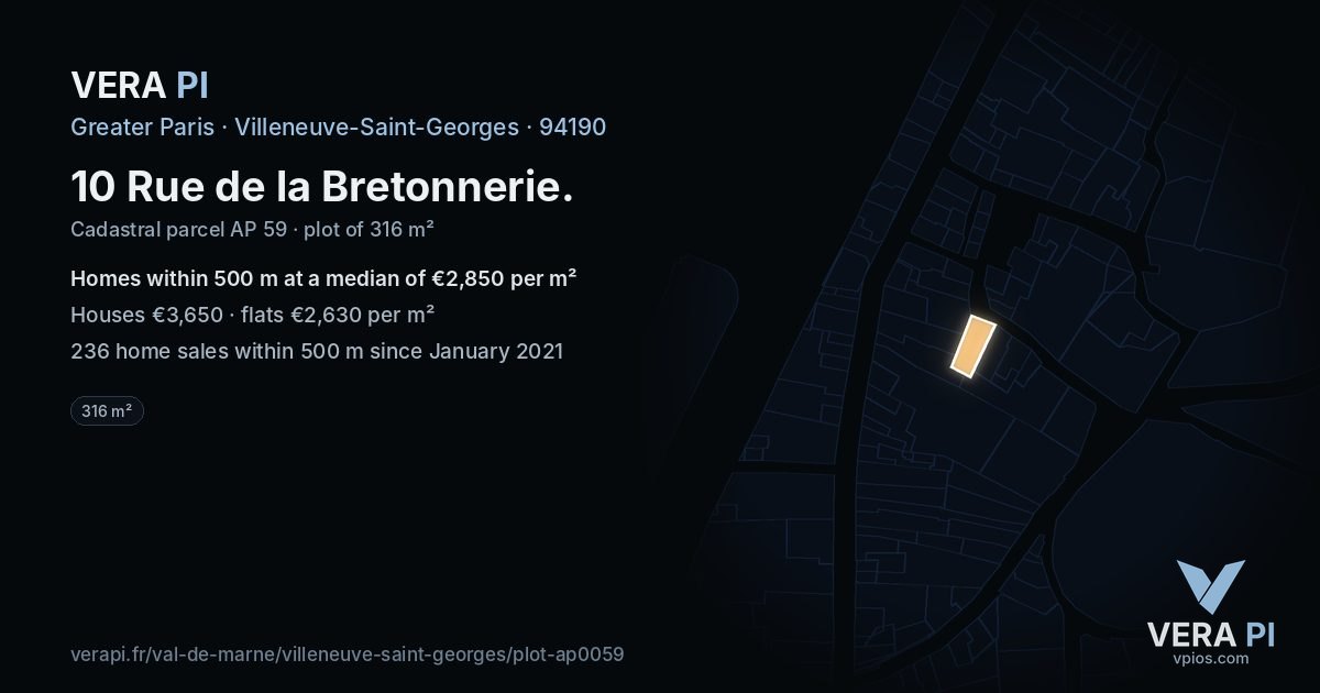 10 Rue de la Bretonnerie, Villeneuve-Saint-Georges at night – the plot lit, the parcels around coloured by the prices near them