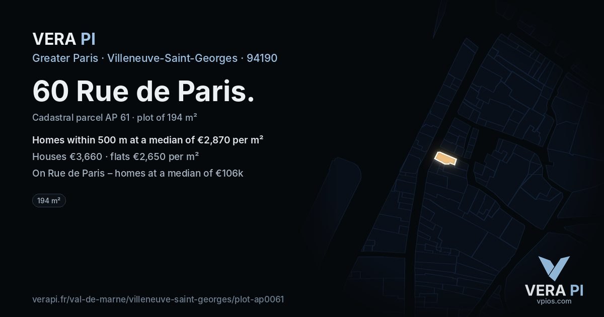 60 Rue de Paris, Villeneuve-Saint-Georges at night – the plot lit, the parcels around coloured by the prices near them