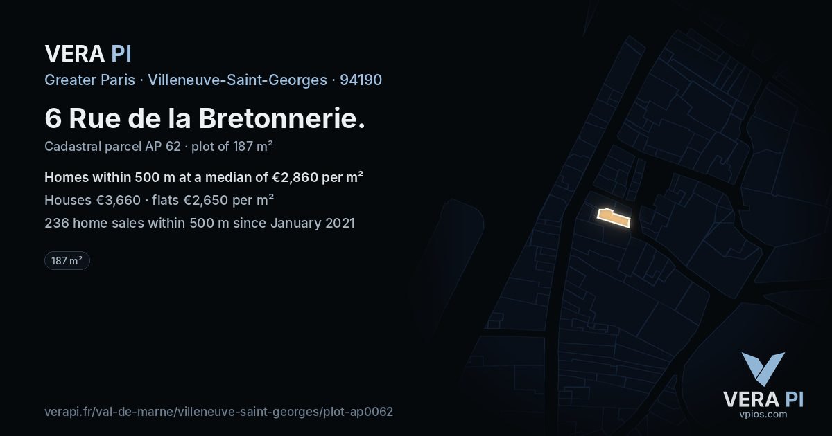 6 Rue de la Bretonnerie, Villeneuve-Saint-Georges at night – the plot lit, the parcels around coloured by the prices near them