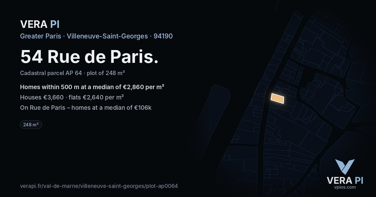 54 Rue de Paris, Villeneuve-Saint-Georges at night – the plot lit, the parcels around coloured by the prices near them