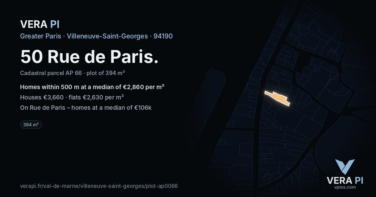 50 Rue de Paris, Villeneuve-Saint-Georges at night – the plot lit, the parcels around coloured by the prices near them