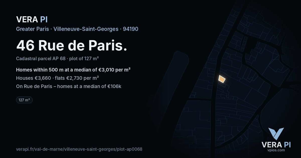 46 Rue de Paris, Villeneuve-Saint-Georges at night – the plot lit, the parcels around coloured by the prices near them