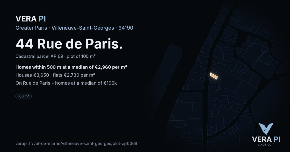 44 Rue de Paris, Villeneuve-Saint-Georges at night – the plot lit, the parcels around coloured by the prices near them