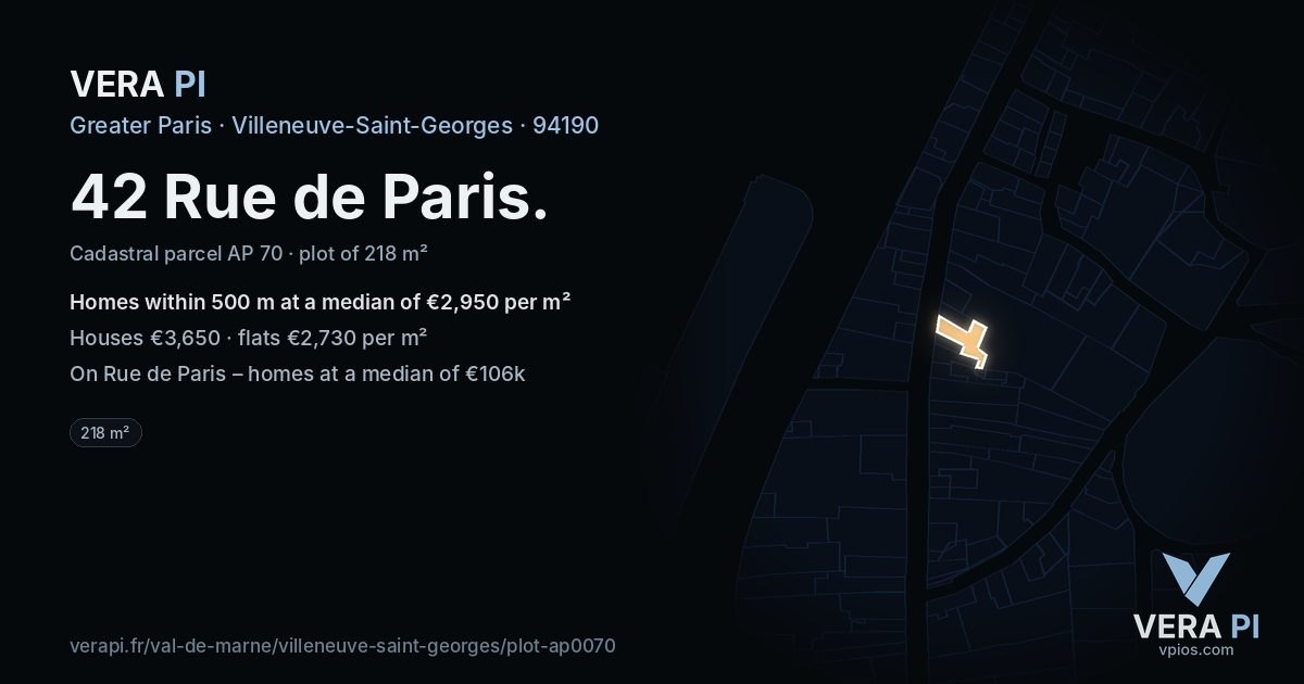 42 Rue de Paris, Villeneuve-Saint-Georges at night – the plot lit, the parcels around coloured by the prices near them
