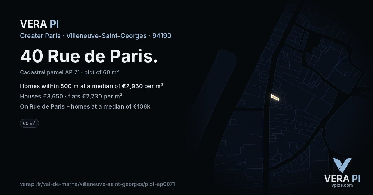 40 Rue de Paris, Villeneuve-Saint-Georges at night – the plot lit, the parcels around coloured by the prices near them