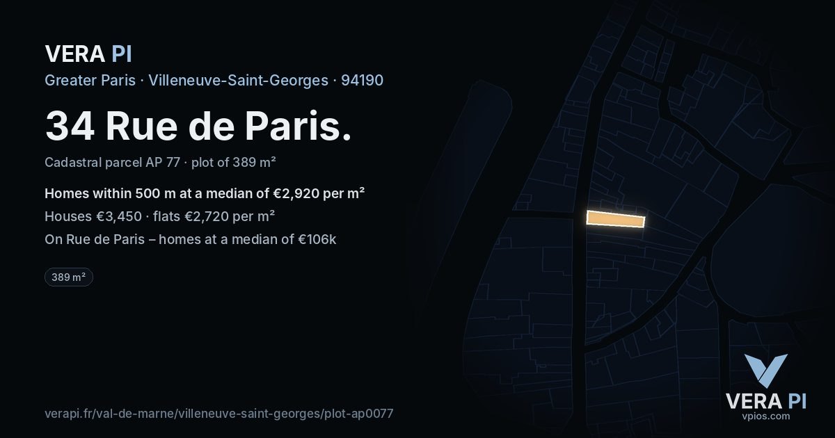 34 Rue de Paris, Villeneuve-Saint-Georges at night – the plot lit, the parcels around coloured by the prices near them
