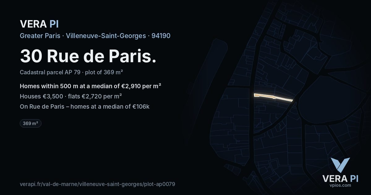 30 Rue de Paris, Villeneuve-Saint-Georges at night – the plot lit, the parcels around coloured by the prices near them