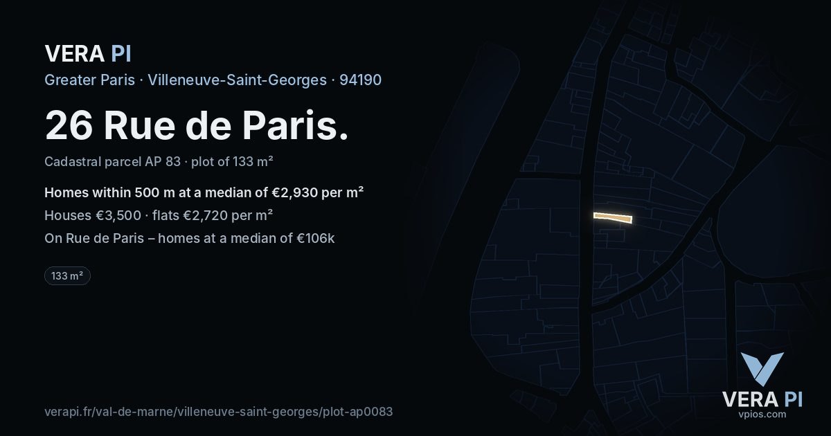 26 Rue de Paris, Villeneuve-Saint-Georges at night – the plot lit, the parcels around coloured by the prices near them