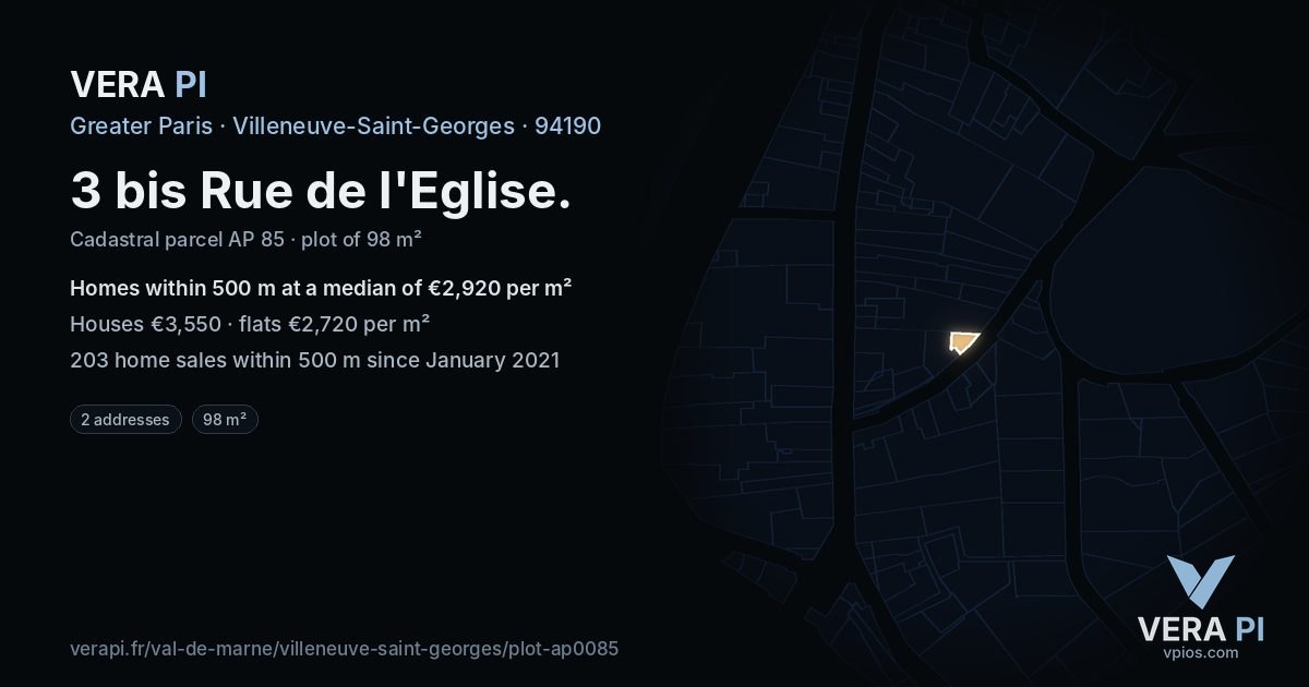 3 bis Rue de l'Eglise, Villeneuve-Saint-Georges at night – the plot lit, the parcels around coloured by the prices near them