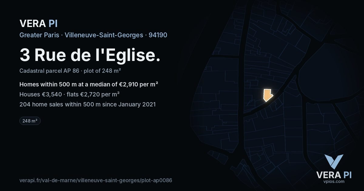 3 Rue de l'Eglise, Villeneuve-Saint-Georges at night – the plot lit, the parcels around coloured by the prices near them