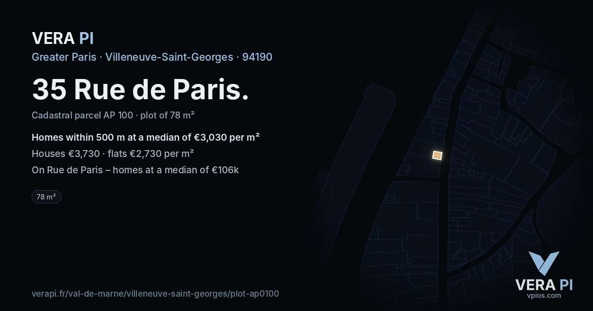 35 Rue de Paris, Villeneuve-Saint-Georges at night – the plot lit, the parcels around coloured by the prices near them