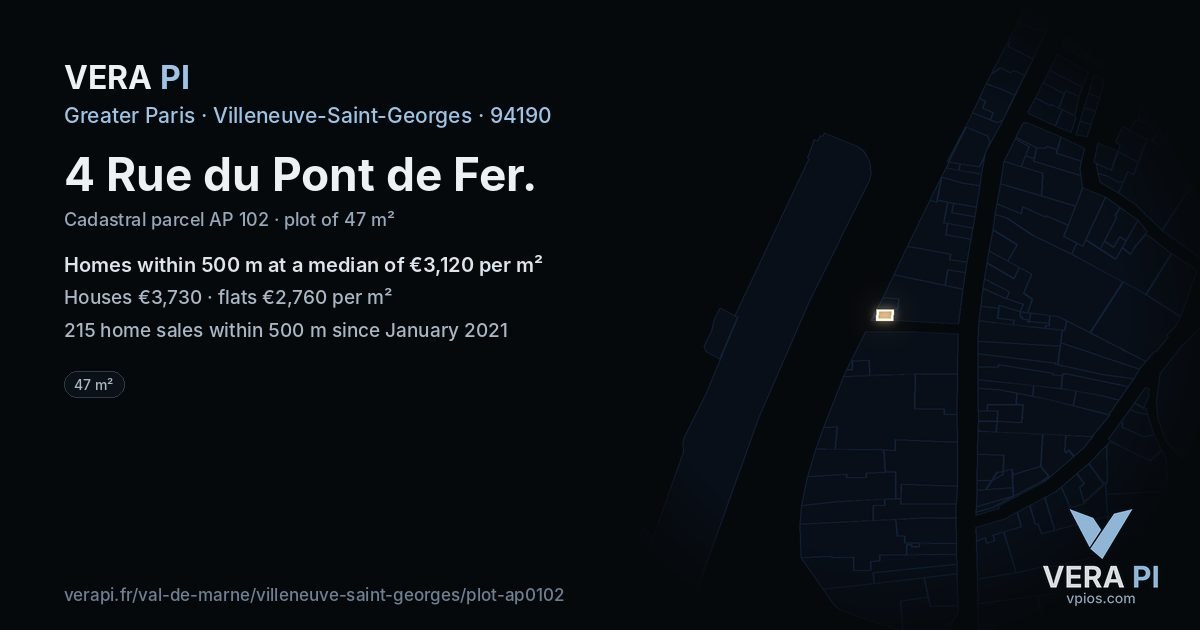 4 Rue du Pont de Fer, Villeneuve-Saint-Georges at night – the plot lit, the parcels around coloured by the prices near them