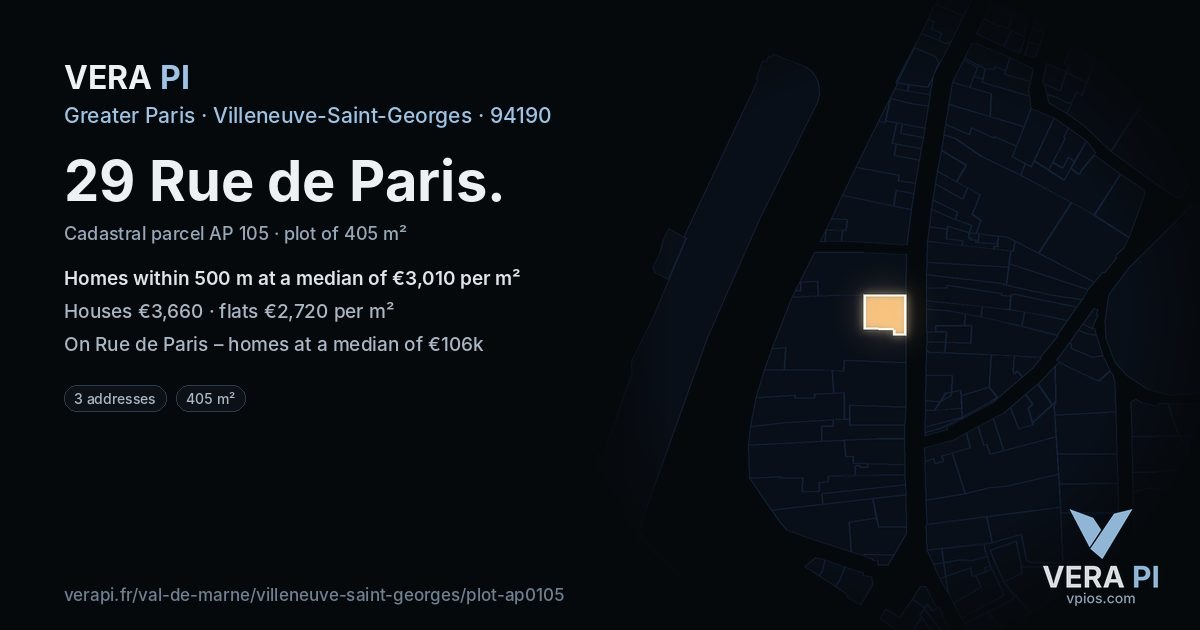 29 Rue de Paris, Villeneuve-Saint-Georges at night – the plot lit, the parcels around coloured by the prices near them