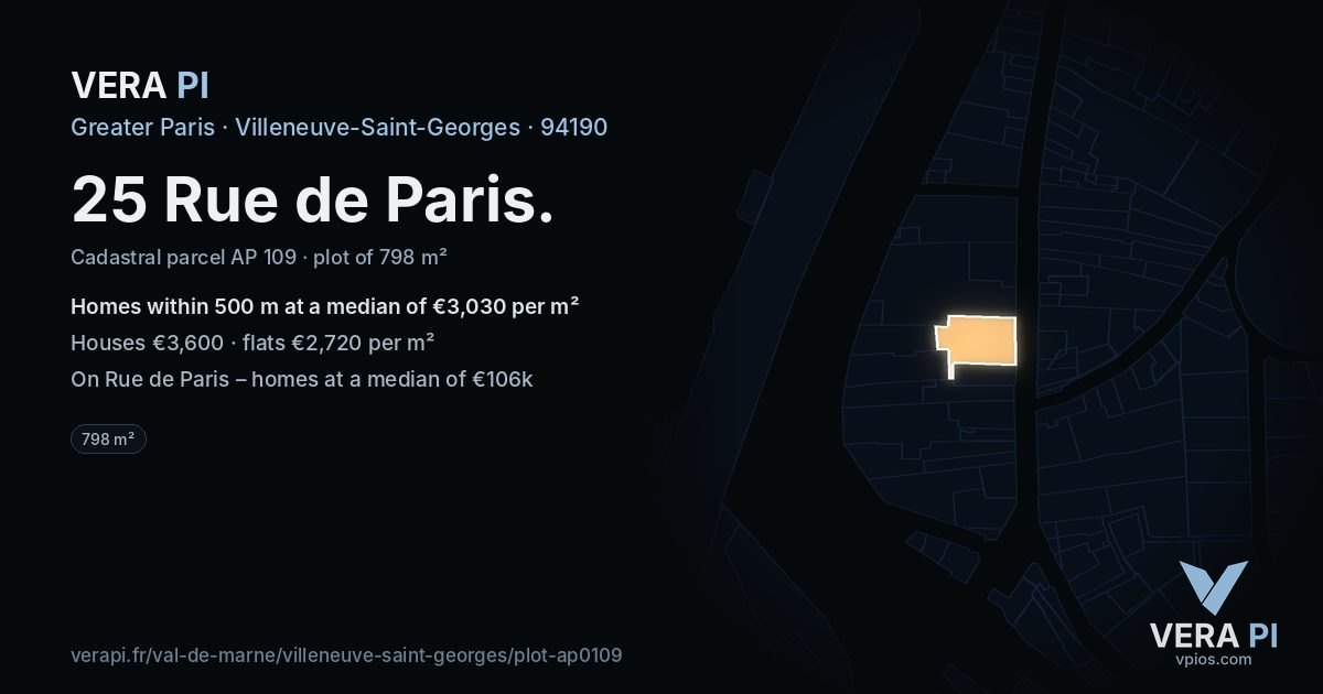 25 Rue de Paris, Villeneuve-Saint-Georges at night – the plot lit, the parcels around coloured by the prices near them