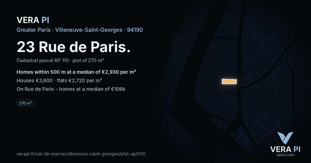23 Rue de Paris, Villeneuve-Saint-Georges at night – the plot lit, the parcels around coloured by the prices near them