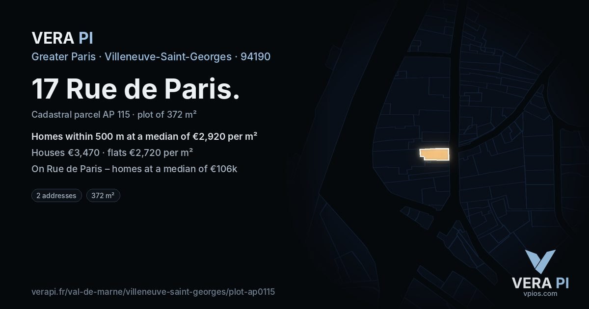 17 Rue de Paris, Villeneuve-Saint-Georges at night – the plot lit, the parcels around coloured by the prices near them