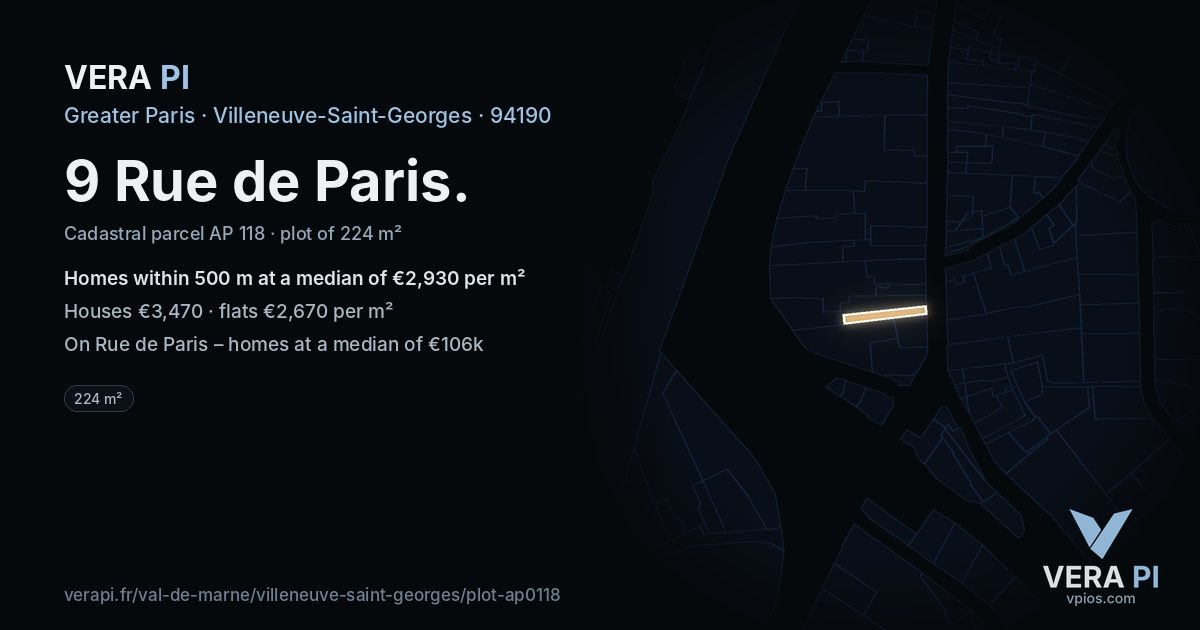 9 Rue de Paris, Villeneuve-Saint-Georges at night – the plot lit, the parcels around coloured by the prices near them