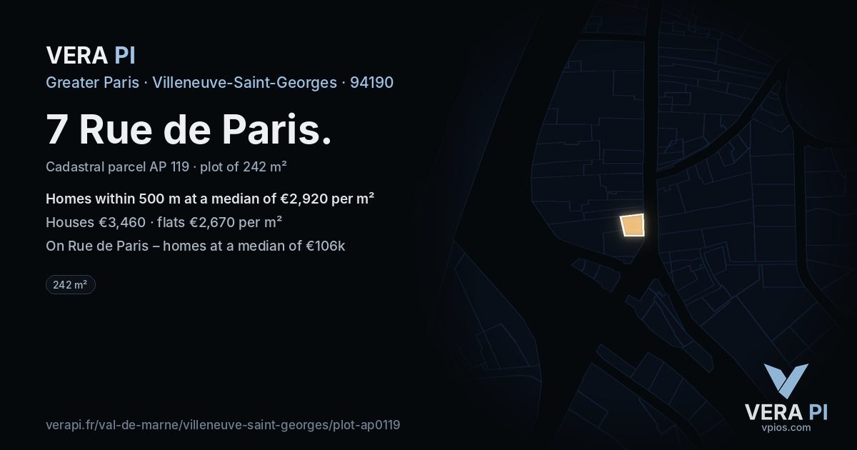 7 Rue de Paris, Villeneuve-Saint-Georges at night – the plot lit, the parcels around coloured by the prices near them