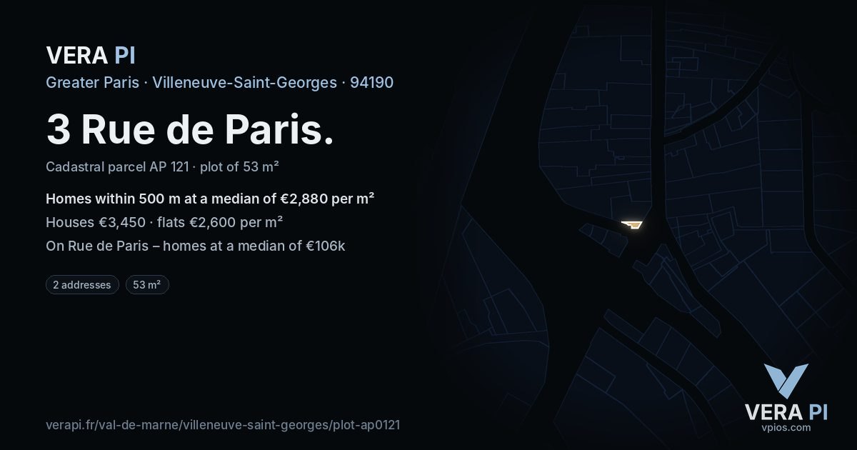 3 Rue de Paris, Villeneuve-Saint-Georges at night – the plot lit, the parcels around coloured by the prices near them
