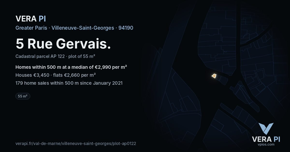 5 Rue Gervais, Villeneuve-Saint-Georges at night – the plot lit, the parcels around coloured by the prices near them