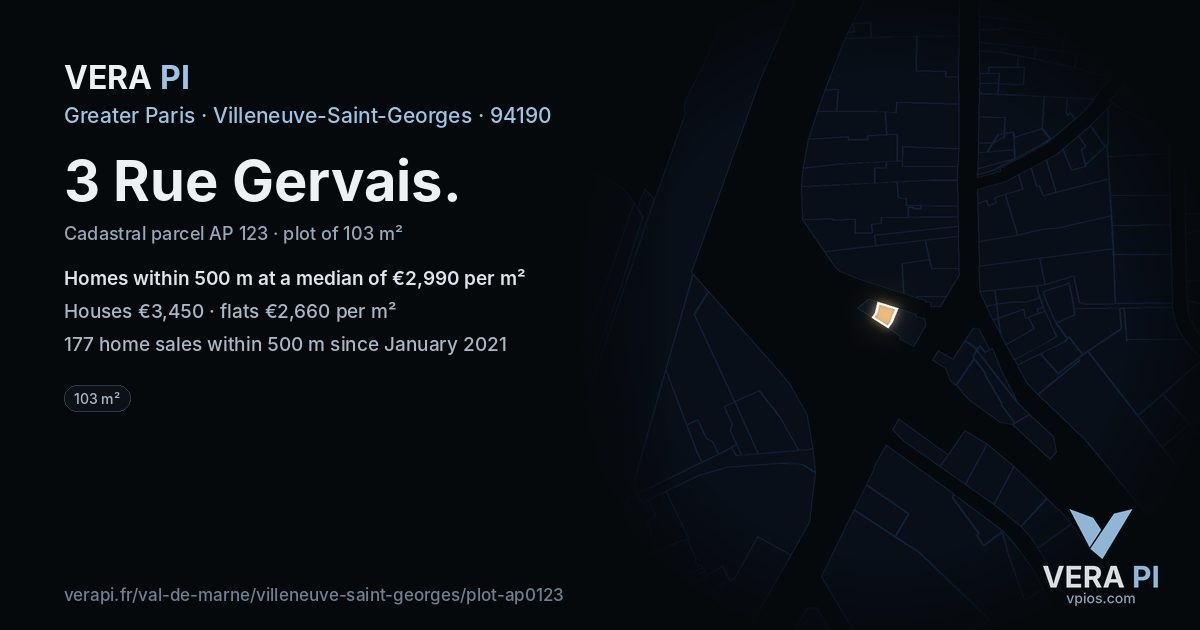 3 Rue Gervais, Villeneuve-Saint-Georges at night – the plot lit, the parcels around coloured by the prices near them