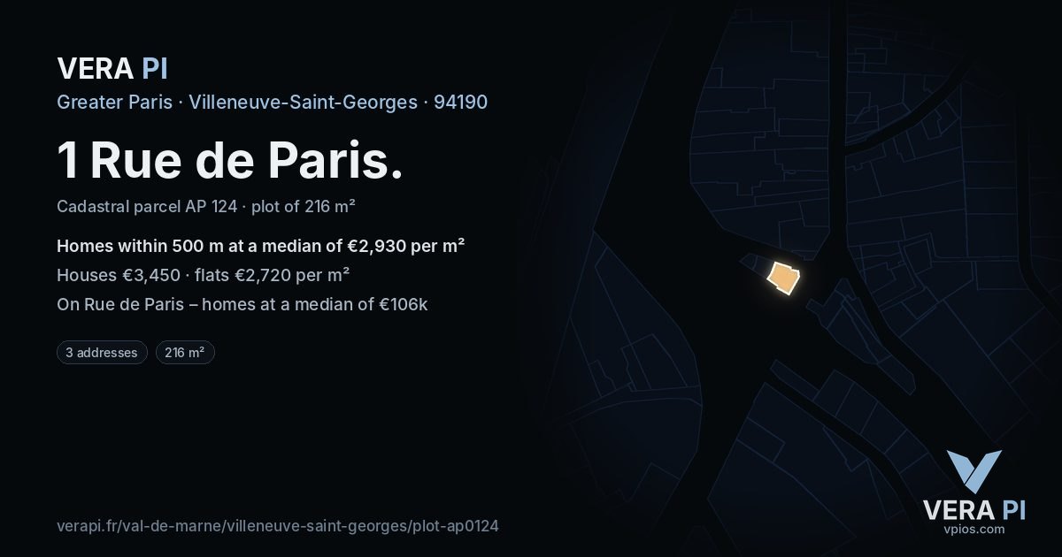 1 Rue de Paris, Villeneuve-Saint-Georges at night – the plot lit, the parcels around coloured by the prices near them